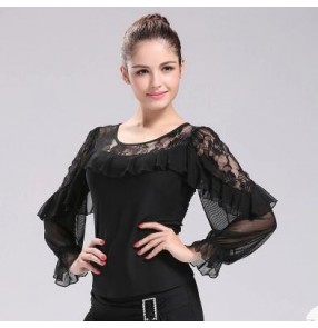 Women's lace boat neck long loose sleeves latin dance top