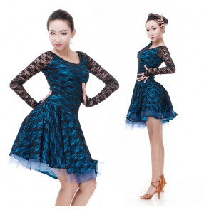 Women's lace long  sleeves blue fuchsia latin dance dresses samba dresses chacha dress rumba dresses