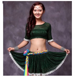 Women's lace patchwork dark green black patchwork belly dance dresses set top and skirts