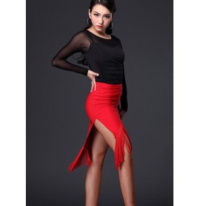 Women's ladies black and red patchwork tassels latin dance dresses sets tops and skirts Chacha salsa samba dance wear M-XXL
