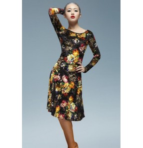 Women's ladies black floral leopard see through back long sleeves velvet latin dance dresses samba dresses