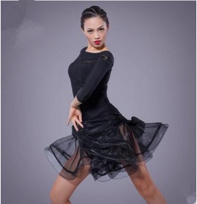 Women's ladies black middle long sleeves latin dance dress sets top and skirt 