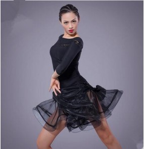 Women's ladies black middle long sleeves latin dance dress sets top and skirt 