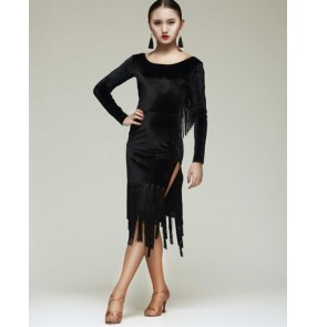 Women's ladies black red fashionable sexy long sleeves tassels velvet latin dance dresses 