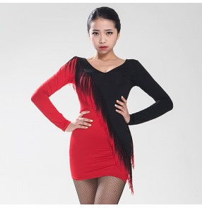 Women's ladies black red fringes patchwork long sleves  sexy professional salsa samba rumba jive cha cha dance dresses