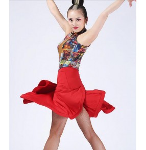 Women's ladies black red geometry rainbow printed sleeveless backless halter necklineswing hem skirt leotard top bodysuit latin dance ballroom samba salsa cha cha dance dresses split set