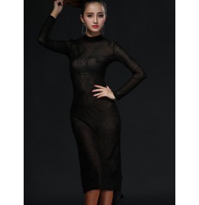 Women's ladies black sexy transparent see through long sleeves latin dance dresses salsa samba dresses