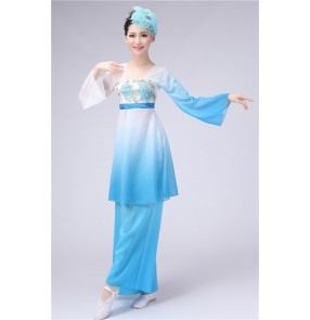 Women's ladies blue fuchsia gradient color Chinese folk dance fan dance traditional Classic ancient dance costumes sets 