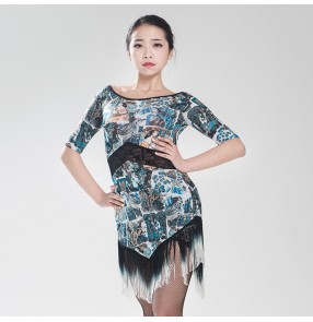 Women's ladies blue printed floral middle long sleeves fringes latin dance dress salsa samba rumba jive cha cha dance dresses