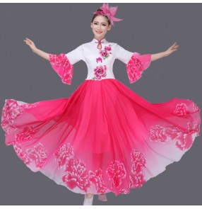 Women's ladies chinese folk dance dresses traditional ancient yangko fans dance costumes cos play blue fuchsia red green