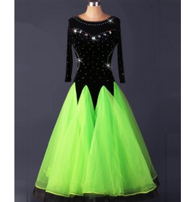 Women's ladies diamond green and black high quality professional competition standard full skirted ballroom dance dresses tango waltz dreses