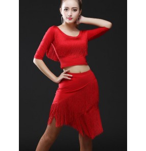 Women's ladies fashionable red black zebra tassels latin dance  salsa samba dresses sets top and skirt 