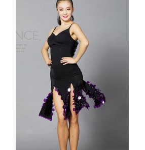 Women's ladies female adult strap sleeveless  black with violet paillette competition latin samba salsa cha cha dance dresses