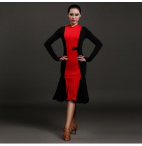 Women's ladies female black and red patchwork red leopard and black long sleeves turtle neck competition professional latin dance dresses salsa cha cha samba rumba dance dresses