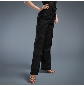 Women's ladies female black multi pockets wide leg straight ballroom latin dance long pants