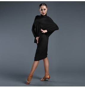 Women's ladies female black plus size turtle neck batwing long sleeves latin samba salsa dance dresses