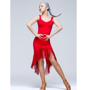 Women's ladies female black red strap v neck sleeveless backless back split tassels hem  professional competition latin dance dresses samba salsa cha cha dance dress