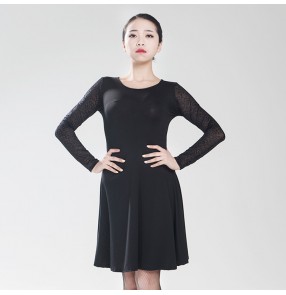 Women's ladies female black see through back lace long sleeves professional latin salsa samba rumba cha cha dance dresses