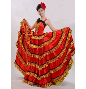 Women's ladies female black  sequins one shoulder sleeveless black red and gold striped patchwork swing skirt folk dance Spanish bull dance stage performance flamenco dance dresses costumes 540 degree