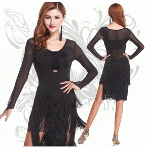 Women's ladies female black tassels fringe long sleeves sexy competition ballroom latin salsa cha cha dance dresses