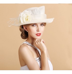 Women's ladies female fashionable flower ivory violet purple large brim luxury sinamay church hats evening wedding party event fedoras hats beach sunhats