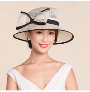 Women's ladies female fashionable  ivory sinamay black and ivory big bowknot luxury wedding party sunhats large brim church hats fedoras