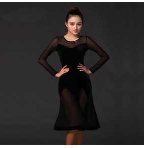 Women's ladies female floral black velvet long sleeves mesh back sexy fashionable professional competition latin ballroom dance dresses samba salsa chacha