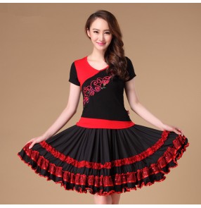 Women's ladies female fuchsia red patchwork sexy short sleeves competition latin samba salsa cha cha dance dresses sets top and big skirted ruffles hem 