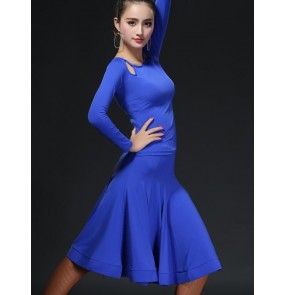 Women's ladies female fuchsia royal blue red long sleeves latin dance dresses sets samba salsa top and skirts