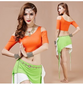 Women's ladies female fuchsia wine red green orange patchwork sexy competition belly dance dresses set costumes dance wear top and skirt and diamond sashes 