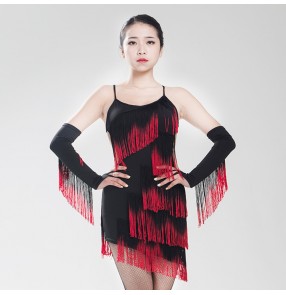 Women's ladies female girls black and red gradient color sexy fringes sleeveless strape latin dance dresses samba rumba cha cha dance dresses with two fringe sleeves 