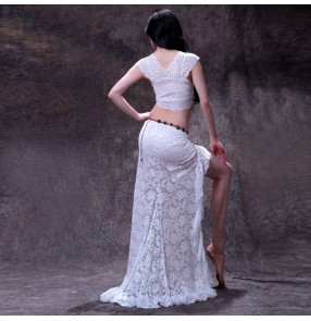 Women's ladies female girls lace white black separate sleeveless top and skirts two units exercises competition belly dance costumes dresses set