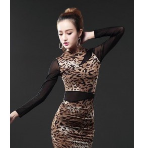 Women's ladies female leopard black red latin salsa samba ballroom dance tops blouse shirt