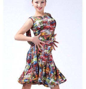 Women's ladies female leopard geometry printed floral black red leopard sleeveless backless swing hem competition latin dance dresses samba salsa cha cha dance dresses