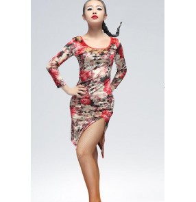 Women's ladies female long sleeves black floral leopard velvet front side split latin dance dresses salsa samba dresses