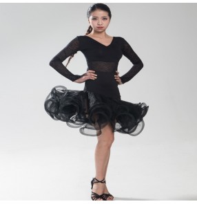 Women's ladies female long sleeves fish bone net black competition professional latin dance dresses samba salsa cha cha rumba jive latin dance dresses