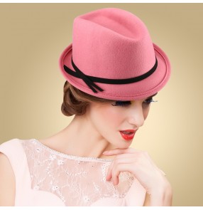 Women's ladies female luxury high class 100% wool handmade pink vintage church hats bucket fedoras with bowknot 