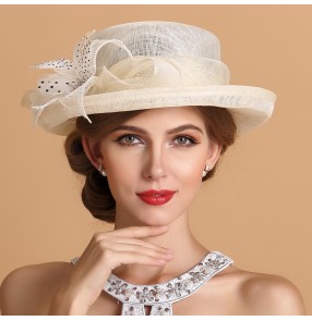 Women's ladies female luxury high class fashionable ivory large brim with feather sinamay church wedding party event hats fedoras sunhats