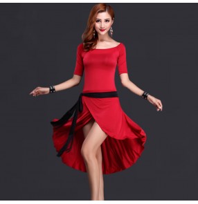 Women's ladies female middle long sleeves with sashes front split latin ballroom dance dresses