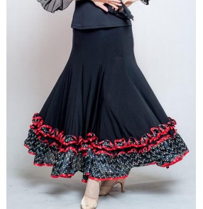 Women's ladies female patchwork black with violet  red black ruffles full skirts standard ballroom dance skirts waltz tango dance skirt