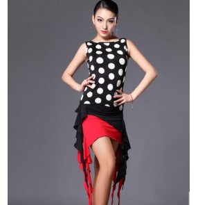 Women's ladies female polka dot black leopard patchwork sleeveless irregular hem competition professional latin dance dresses samba salsa cha cha dance dresses