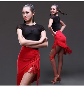 Women's ladies female red black fringe tassel skirt short sleeves tops senior competition latin dance dresses sets samba salsa cha cha dance top and skirt