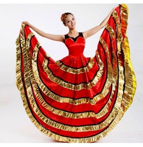 Women's ladies female red black gold patchwork double shoulder sleeveless ruffles big  swing skirt competition exercises flamenco Spanish bull dance dresses costumes 540degree 