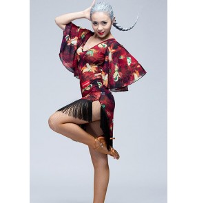 Women's ladies female red floral black lace see through tassels middle long sleeves sexy fashionable competition practice professional ballroom dance latin dance dresses samba salsa cha cha dancing dresses 