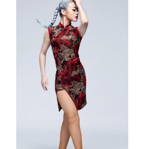 Women's ladies female red vintage floral printed black backless turtle neck short sleeveless cheongsam latin ballroom dance dresses 