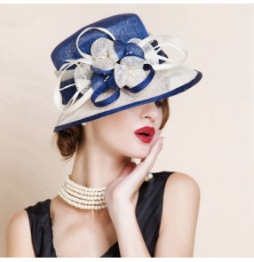 Women's ladies female royal blue and ivory patchwork large brim sinamay church sun hats wedding party evening bridal fedoras hats