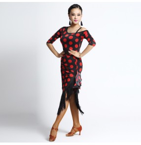 Women's ladies female sexy middle long sleeves polka dot black red leopard irregular tassels hem competition latin salsa cha cha rumba samba dance dresses costumes