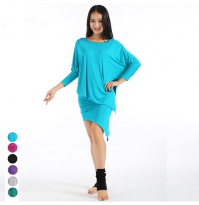 Women's ladies female turquoise fuchsia grey black dark green long loose sleeves belly dance costumes top and skirt competition sexy dance wear
