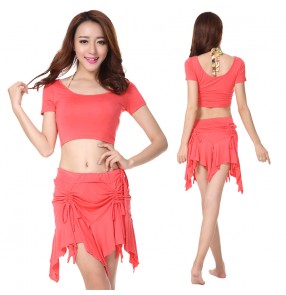 Women's ladies female violet fuchsia wine red coral compeittion two pieces exercises belly dance costumes tops and skirts