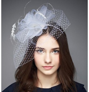 Women's ladies female white sinamay fascinators wedding party bridal veil church evening party hats pillbox top hats  fedoras